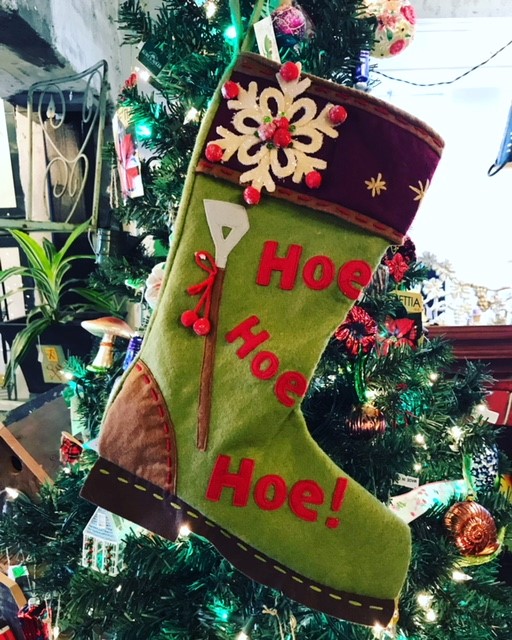 Imported from England, these Hoe Hoe Hoe Gardener's Christmas stockings will be cherished year-to-year.